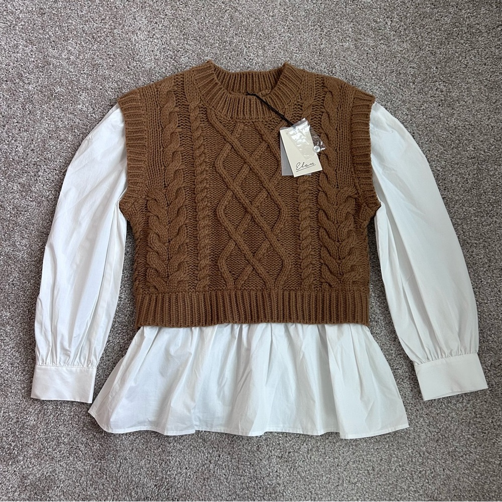 Elan Cable Knit Mixed Media Sweater Vest Top Brown White NWT Small